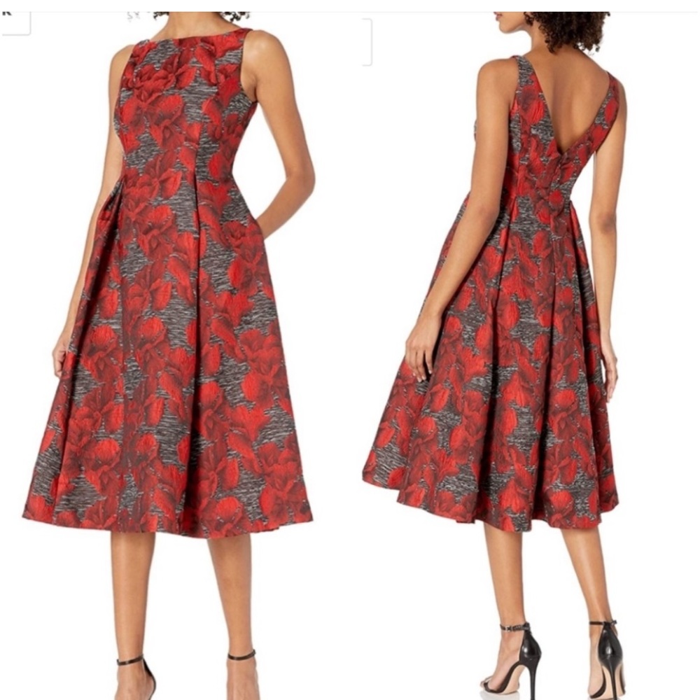 Adrianna Papell RED Floral‎ Fit & Flare DRESS Sz. 4P NWT